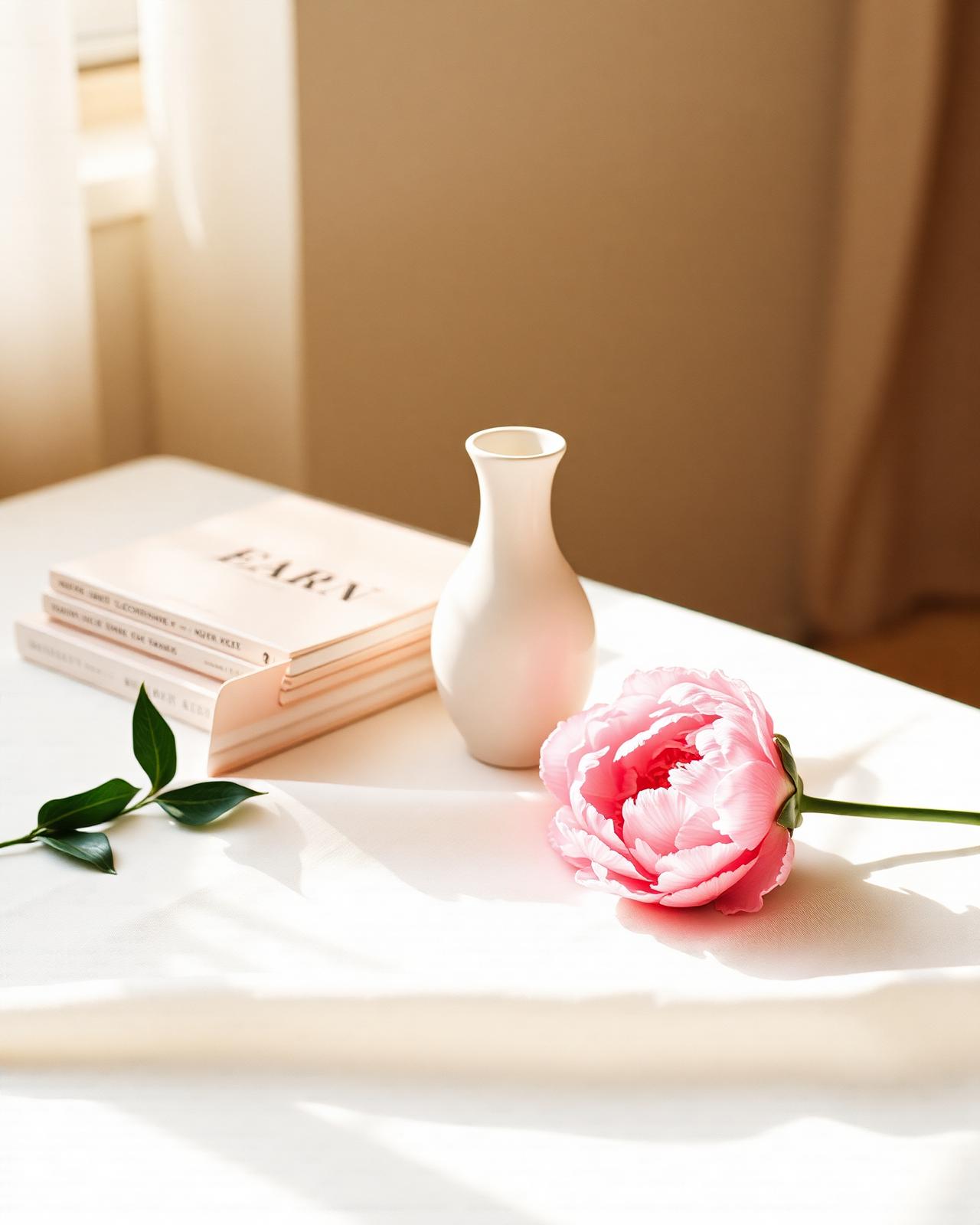 A warm still life of linen, ceramics and a single bloom in afternoon light.
